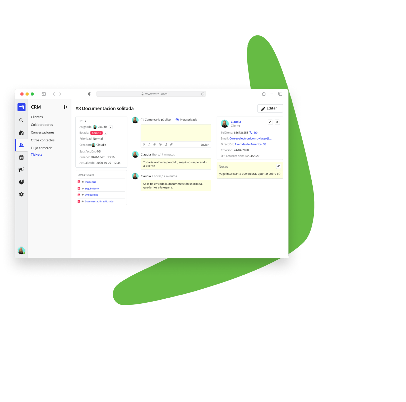 los tickets se quedan guardados en la ficha de cada contacto para que no se te olvide quién es