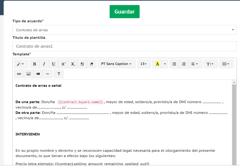 Captura de pantalla de la gestión de contratos de arras en witei