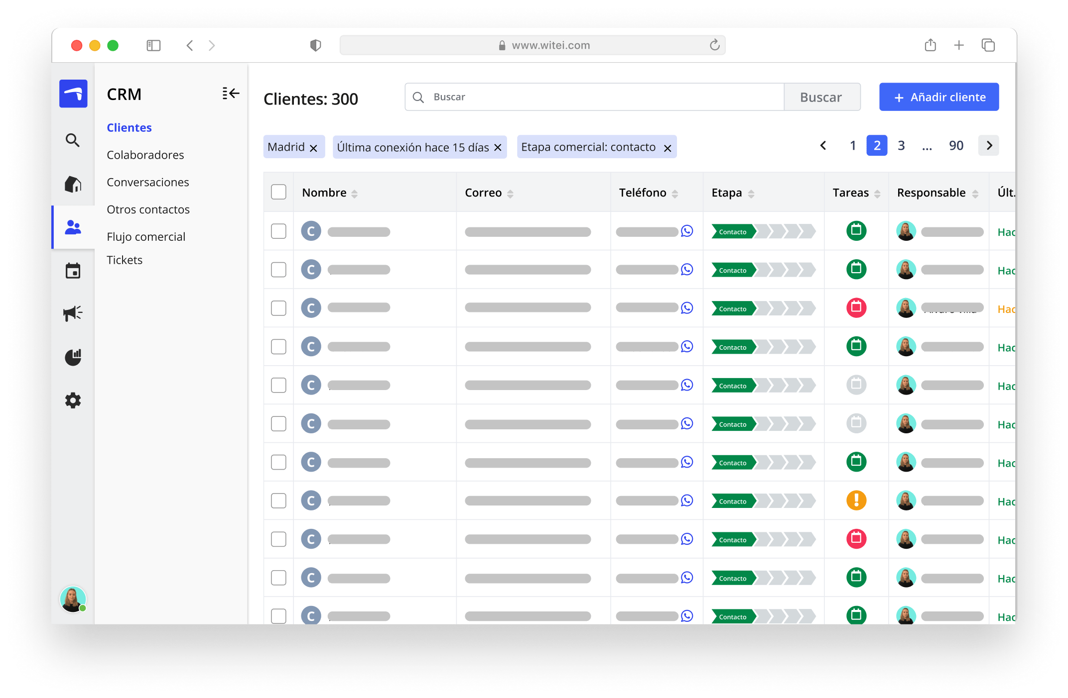 Vista del listado de contactos del CRM de Witei