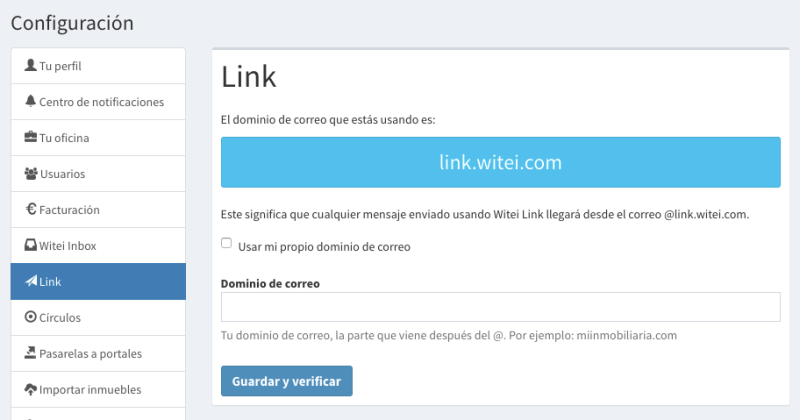 Configuración de la dirección de correo propio para Link