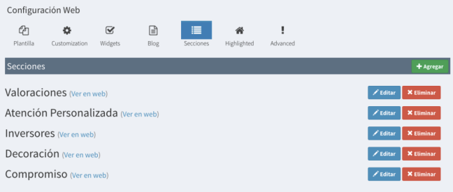 Configuración de las secciones web